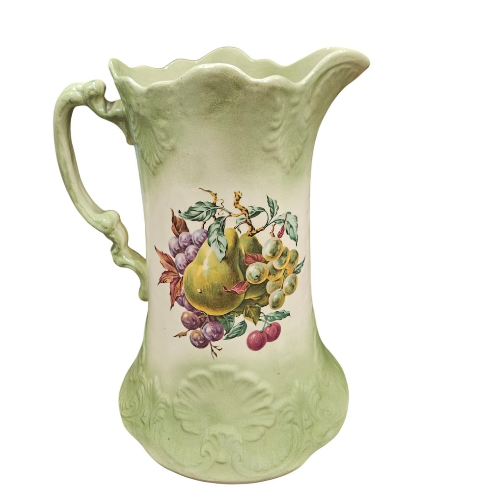 Vintage Ceramic Pitcher Embossed Green‎ Fruit Design Decorative Vase